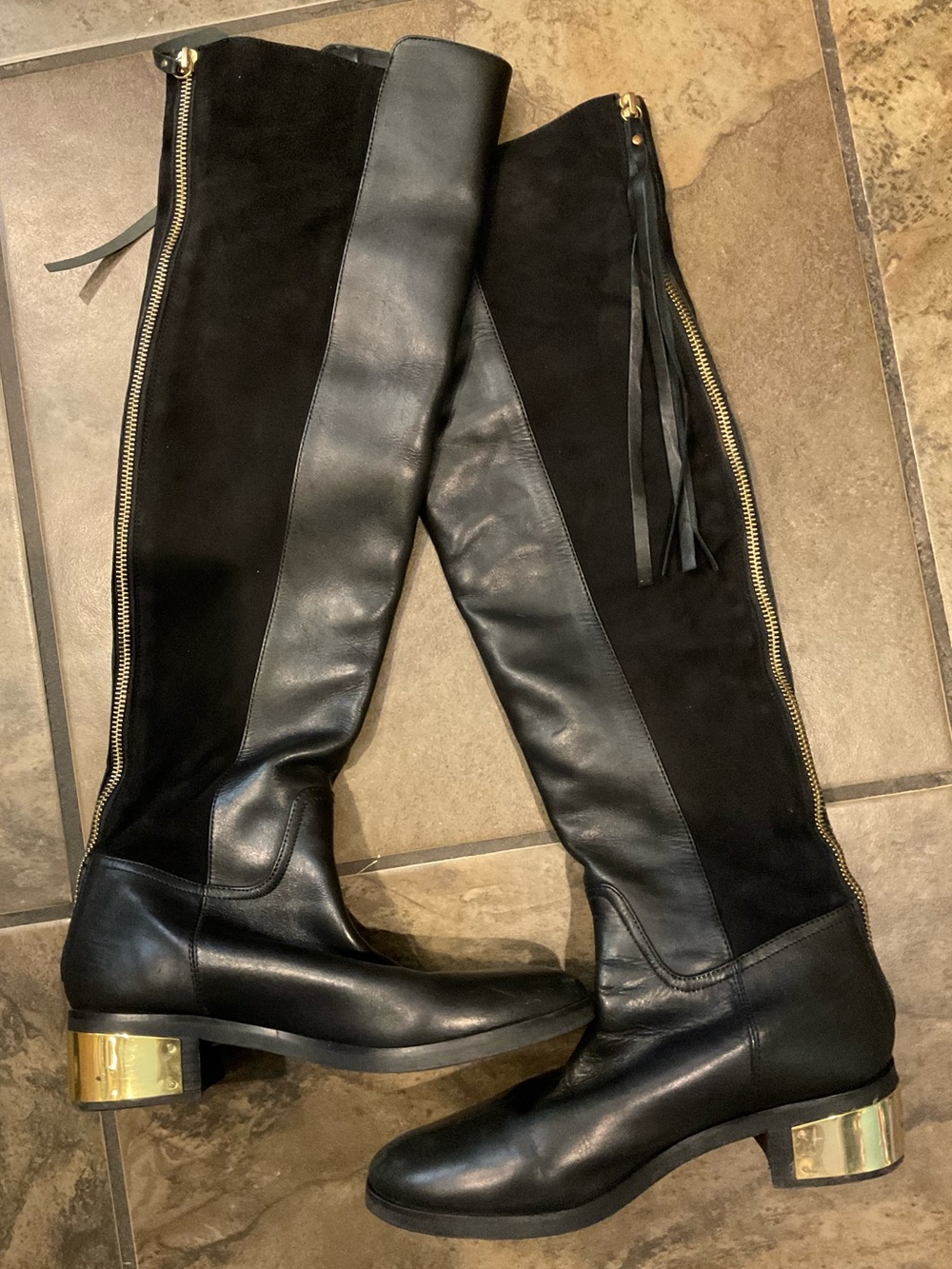 KURT GEIGER Black Over-the-Knee Leather & Suede Boots Gold Heel Accent size 7 37